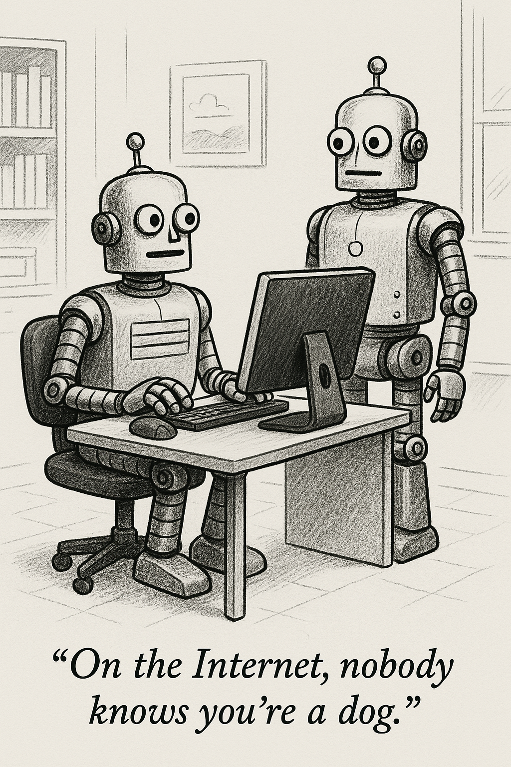 There are two robots in an office. One robot is seated at a computer, speaking to the other robot standing beside it. The seated robot says, 'On the Internet, nobody knows you're a dog.'